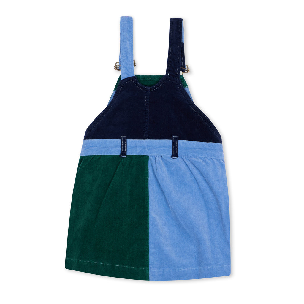 Blue, green, and navy patchwork Cord Dungarees Dress - Dotty Dungarees