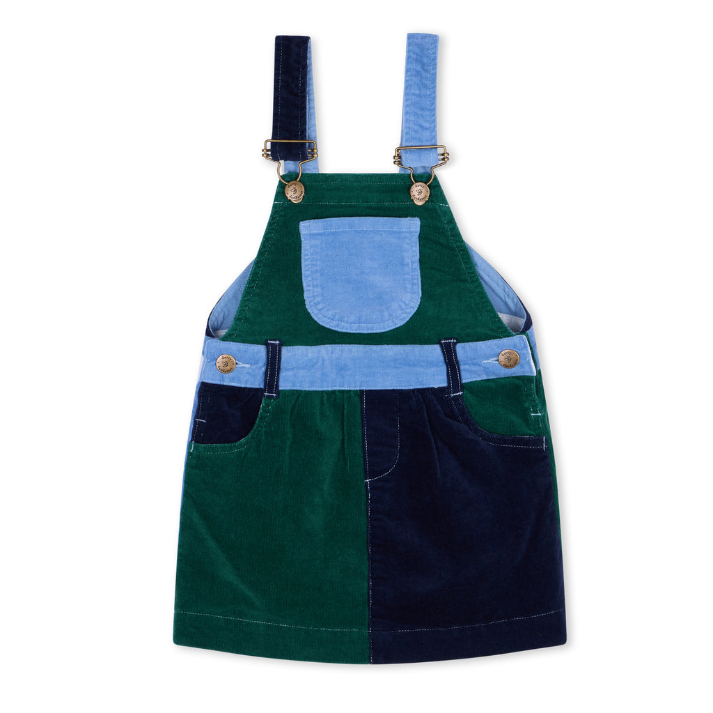Blue, green, and navy patchwork Cord Dungarees Dress - Dotty Dungarees