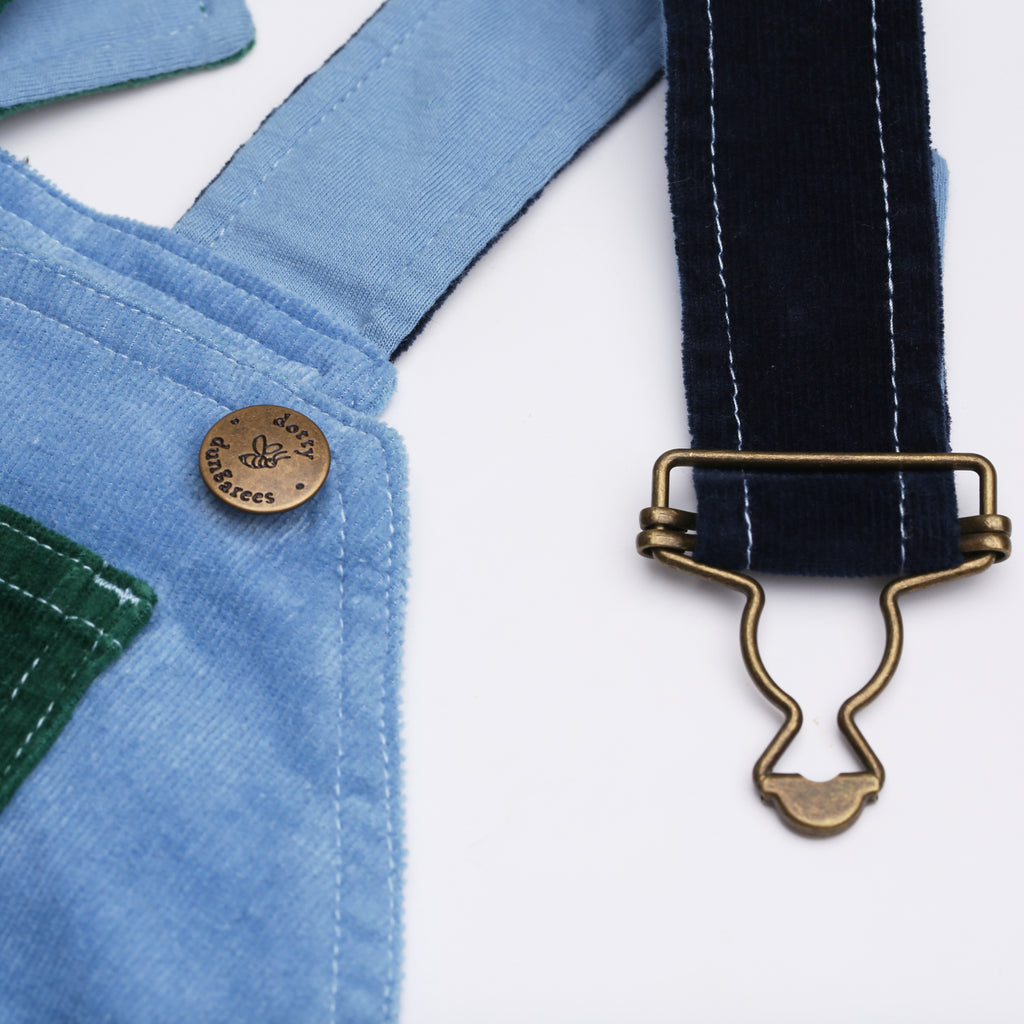 Navy, blue, and dark green Patchwork Corduroy Dungarees - Dotty Dungarees