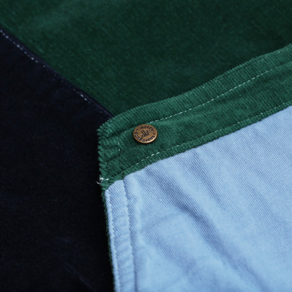 Blue, green, and navy patchwork Cord Dungarees Dress - Dotty Dungarees