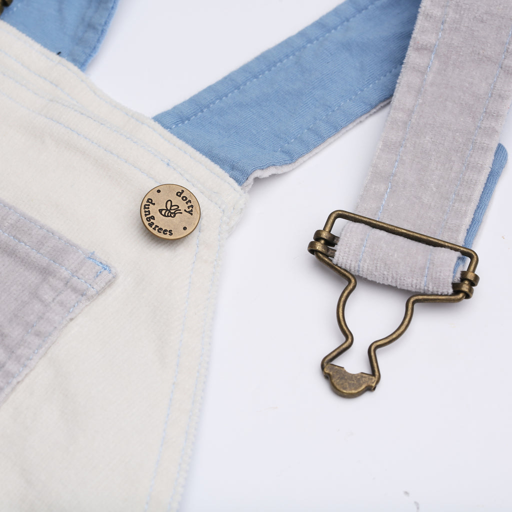 Cream, blue, and grey Patchwork Cord Dungarees - Dotty Dungarees