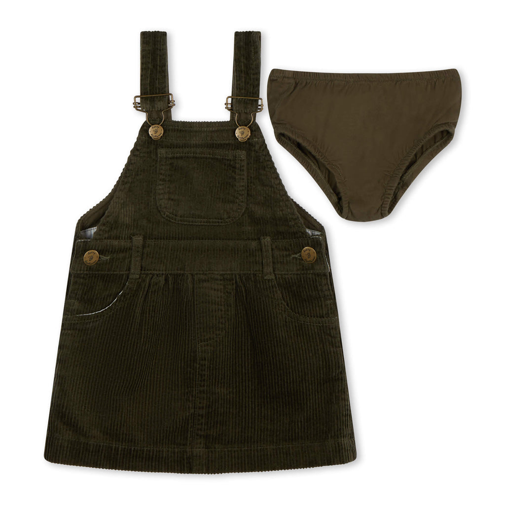 Khaki Chunky Cord Dungaree Dress for Girls - Dotty Dungarees