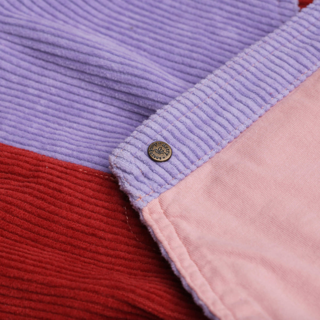 Purple, pink, and red patchwork chunky cord dungaree dress - Dotty Dungarees