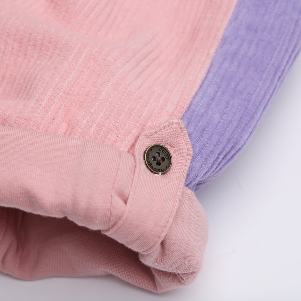 Pink, purple, and red patchwork Chunky Cord Dungarees - Dotty Dungarees