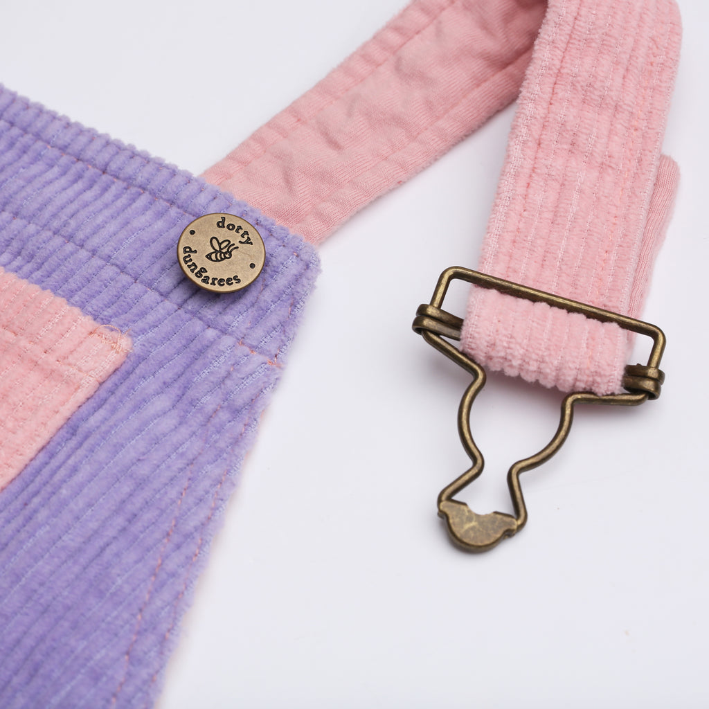 Purple, pink, and red patchwork chunky cord dungaree dress - Dotty Dungarees