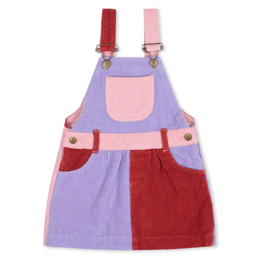 Purple, pink, and red patchwork dungaree dress - Dotty Dungarees