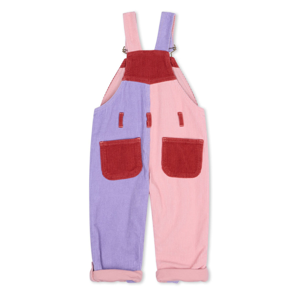 Pink, purple, and red patchwork Chunky Cord Dungarees - Dotty Dungarees