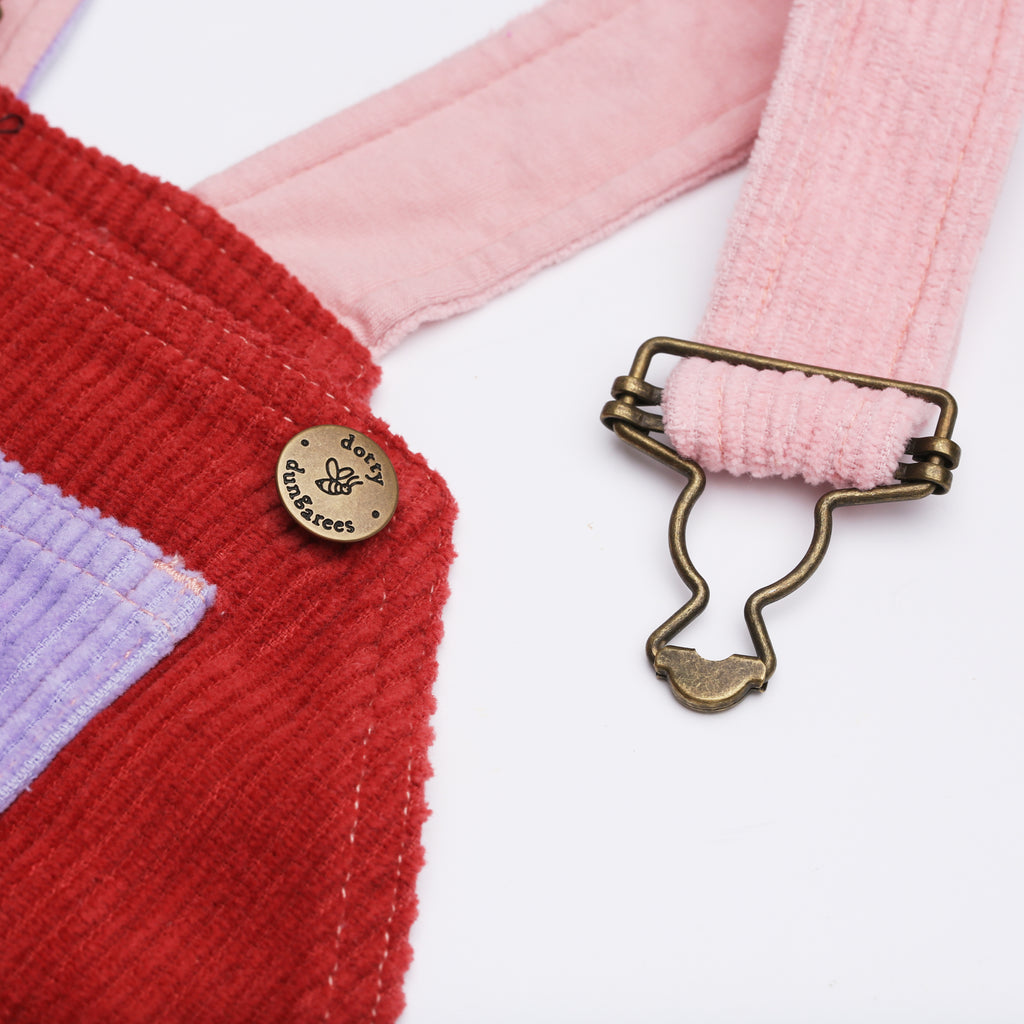 Pink, purple, and red patchwork Chunky Cord Dungarees - Dotty Dungarees