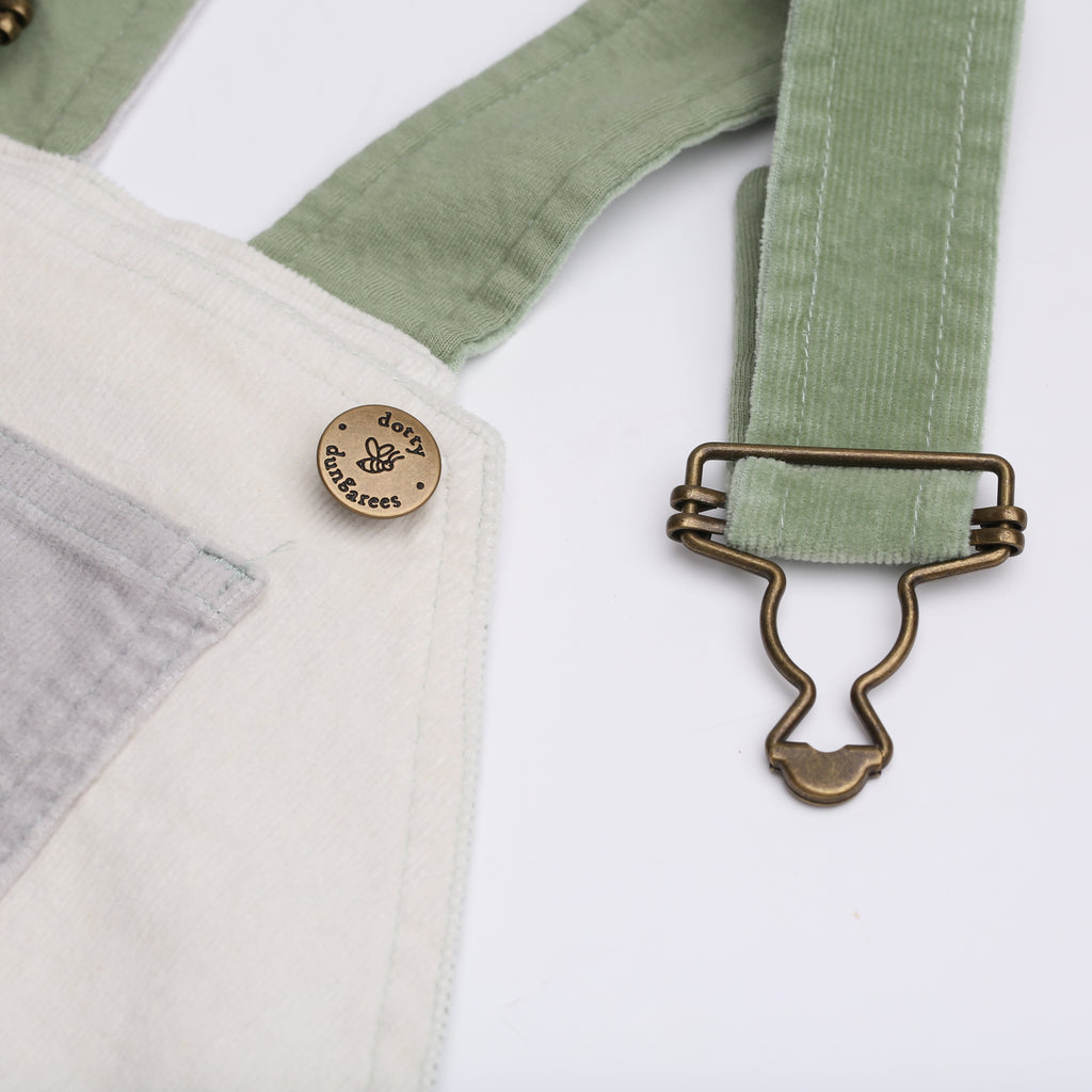 Cream, green, and grey Patchwork Chunky Cord Dungarees - Dotty Dungarees