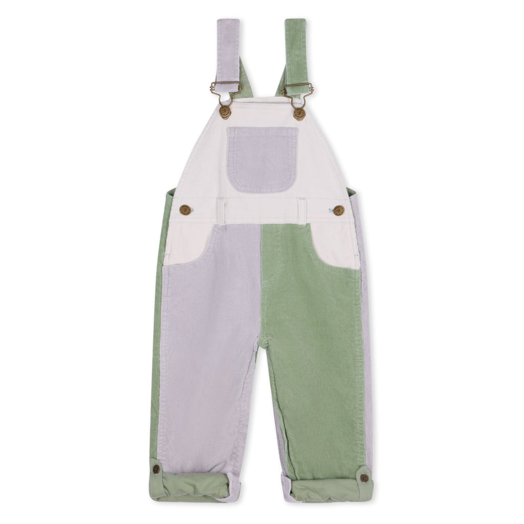 Cream, green, and grey Patchwork Chunky Cord Dungarees - Dotty Dungarees