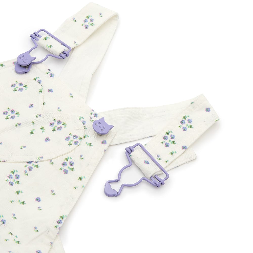 White floral summer dress for girls, featuring white straps and bespoke buttons, paired with matching knickers. 